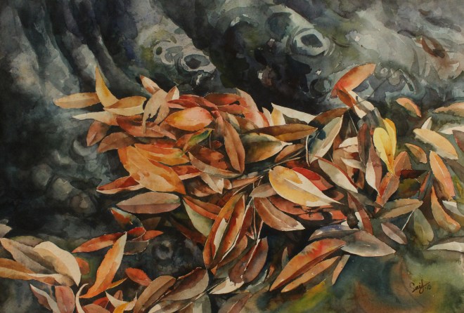 Title: Fallen Leafs-04 (2015) Media: Watercolor on paper Size: 14” X 22”