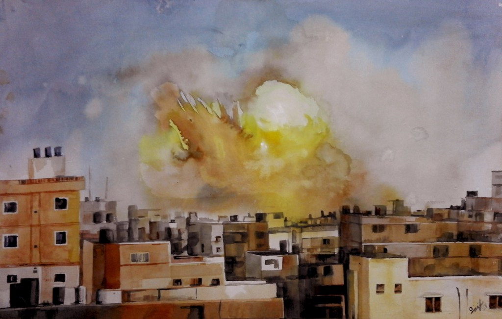 Title: Burnt City Media: Watercolor on paper Size: 14” X 22”